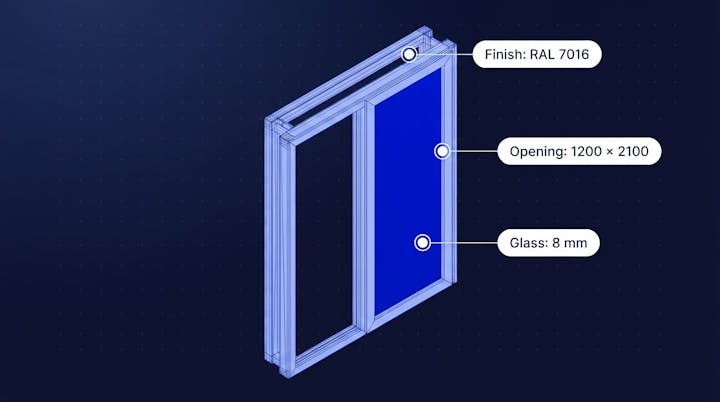 IN-CAD 3D Space: Türrahmen-Modell mit Markierungen für Oberfläche, Öffnung und Glas